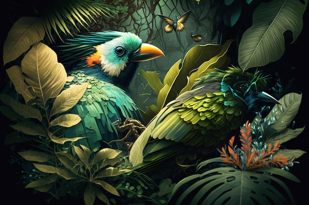Un pájaro colorido en la selva con mariposas.