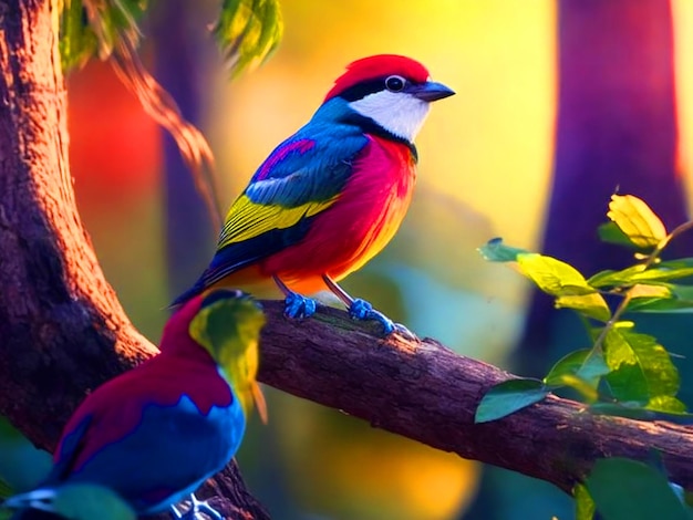 Foto un pájaro colorido se sienta en una rama en el bosque fondo colorido 8k descarga de imagen gratuita