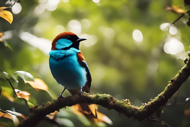 Un pájaro colorido se sienta en una rama en el bosque