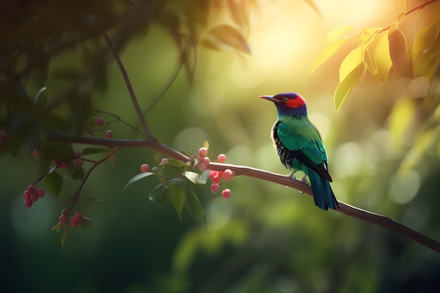 Un pájaro colorido se sienta en una rama en un bosque.