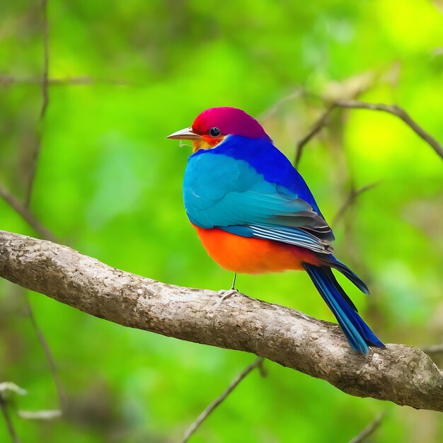 Un pájaro colorido se sienta en una rama en el bosque