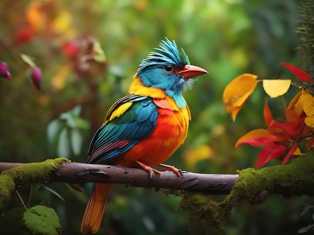 Un pájaro colorido se sienta en una rama en el bosque.