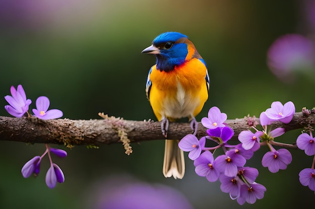 Un pájaro colorido se sienta en una rama con flores de color púrpura.