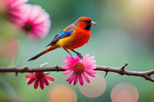 Foto un pájaro colorido se sienta en una rama con flores rosadas.