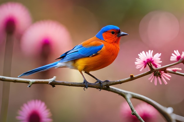 Un pájaro colorido se sienta en una rama con flores rosas en el fondo.
