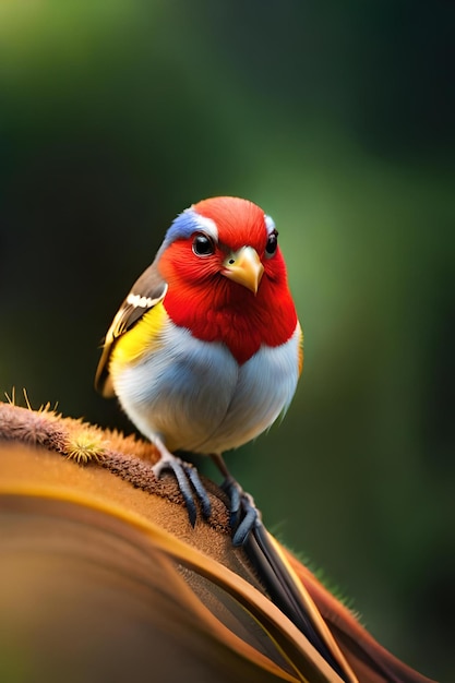 Un pájaro colorido se sienta en una rama con un fondo verde.