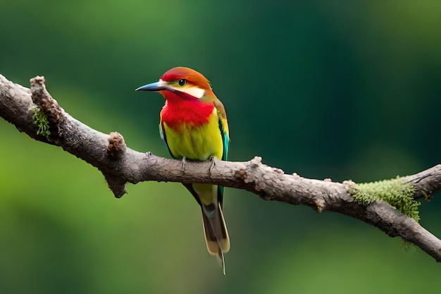 Un pájaro colorido se sienta en una rama con un fondo verde.