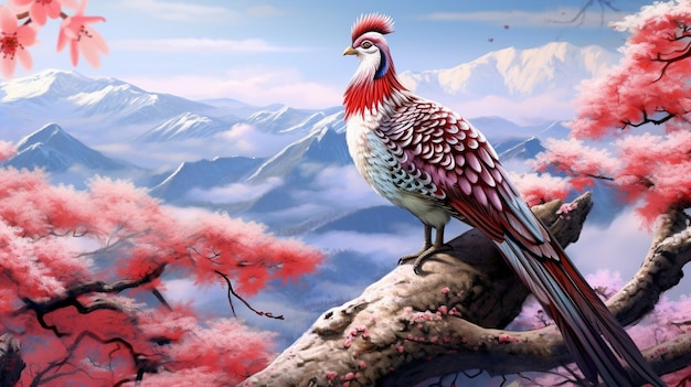 un pájaro colorido se sienta en una rama con montañas en el fondo.