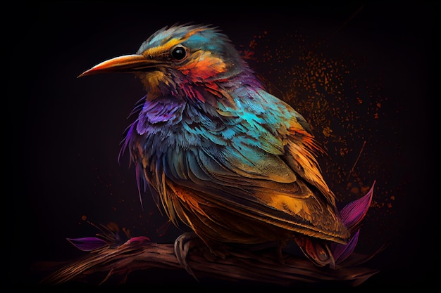 Un pájaro colorido se sienta en una rama con la palabra pájaro.