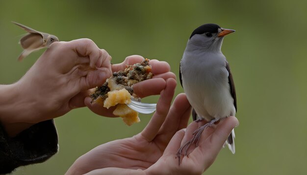 Foto un pájaro está comiendo algo de comida de la mano de alguien