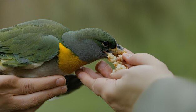 Foto un pájaro está comiendo comida de la mano de alguien