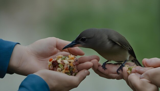 Foto un pájaro está comiendo comida de las manos de alguien