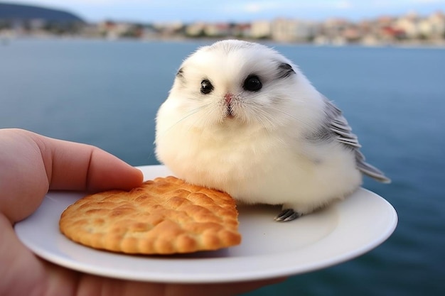 Un pájaro comiendo comida de un plato con un pájaro en él