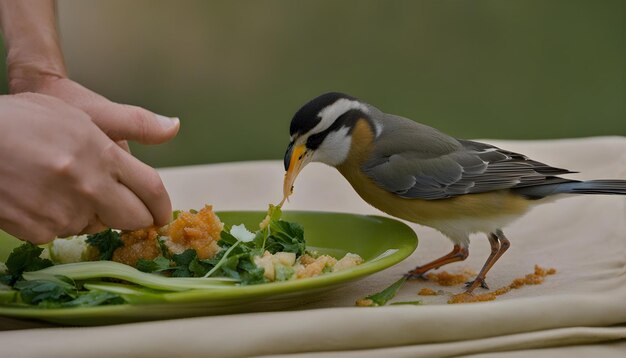 Foto un pájaro comiendo comida de un plato con una persona comiéndola