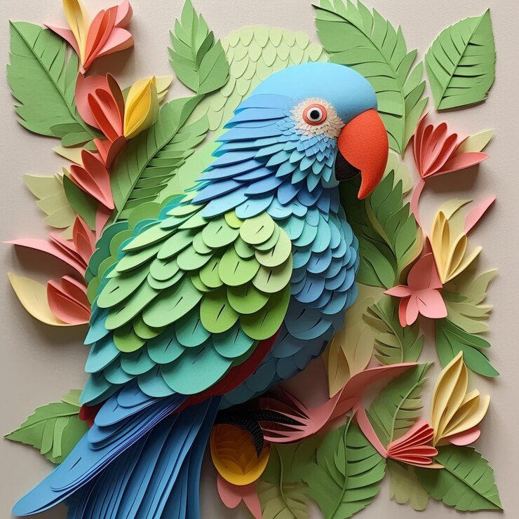 Foto pájaro cortado en papel de colores brillantes sentado en una rama de un árbol ai generativo