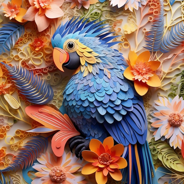 Pájaro cortado en papel de colores brillantes sentado en una rama rodeada de flores ai generativo