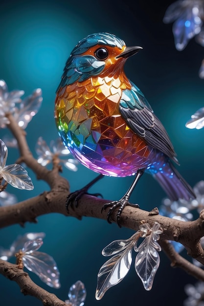 Foto pájaro de cristal colorido en una rama de un árbol en forma de arco iris