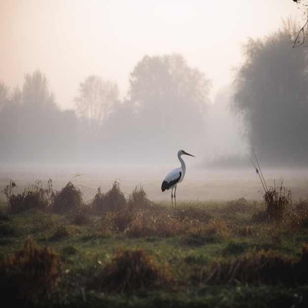 Un pájaro con un cuello largo se para en un campo con la niebla al fondo.