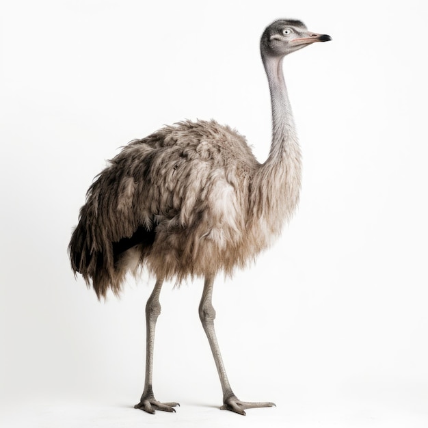 Un pájaro con cuello largo y plumas largas se para frente a un fondo blanco.