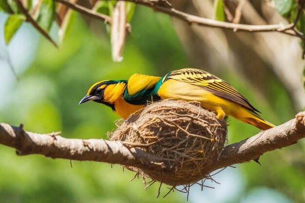 Foto un pájaro con un cuerpo amarillo y negro se sienta en una rama