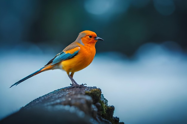 Un pájaro con un cuerpo azul y naranja está parado sobre un tronco.