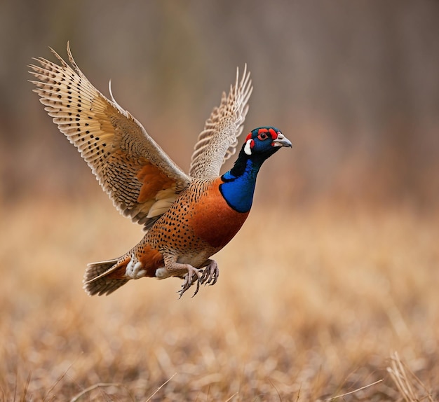 un pájaro con un cuerpo azul y naranja está volando en un campo