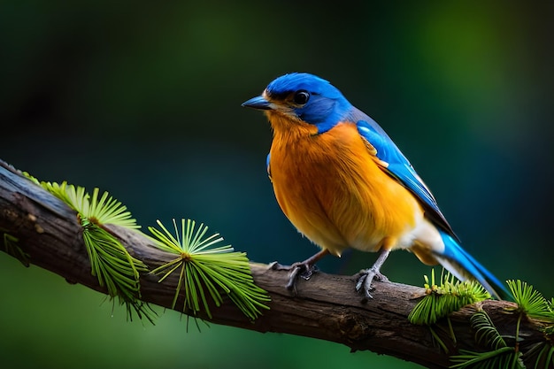 Un pájaro con un cuerpo azul y naranja se sienta en una rama.