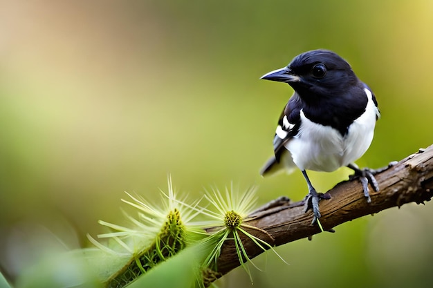 Un pájaro con un cuerpo blanco y negro y un vientre blanco se sienta en una rama.