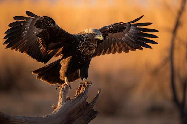 Pájaro del desierto aterrizando en la rama de un árbol seco creado con IA generativa