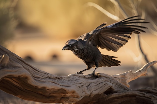 Pájaro del desierto aterrizando en la rama de un árbol seco