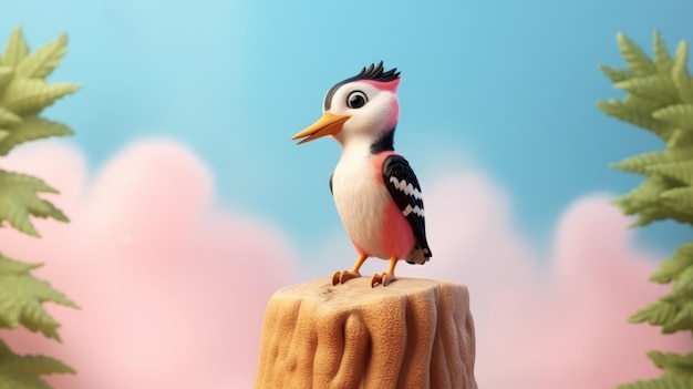 Pájaro de dibujos animados de ensueño en tocón Realismo meticuloso Arte 3D