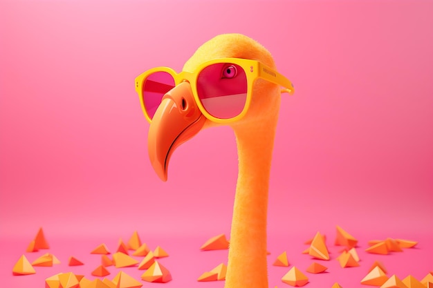 Un pájaro de dibujos animados con gafas de sol y un fondo rosa con un fondo rosa.