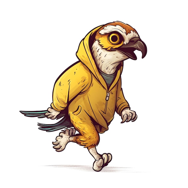 Un pájaro de dibujos animados con una sudadera con capucha amarilla con una sudadera con capucha amarilla