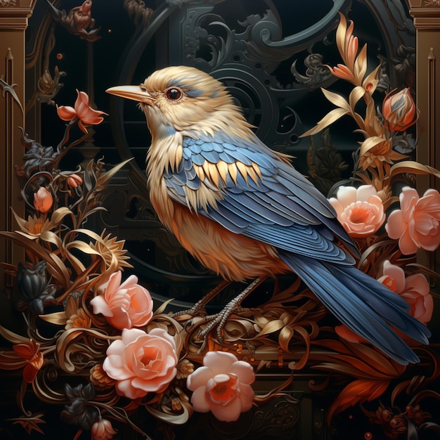 pájaro dorado con marco de flores