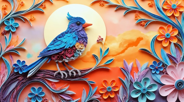 El pájaro emplumado y la escena floral
