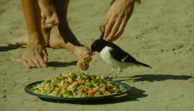 un pájaro está comiendo de un plato de comida en la playa