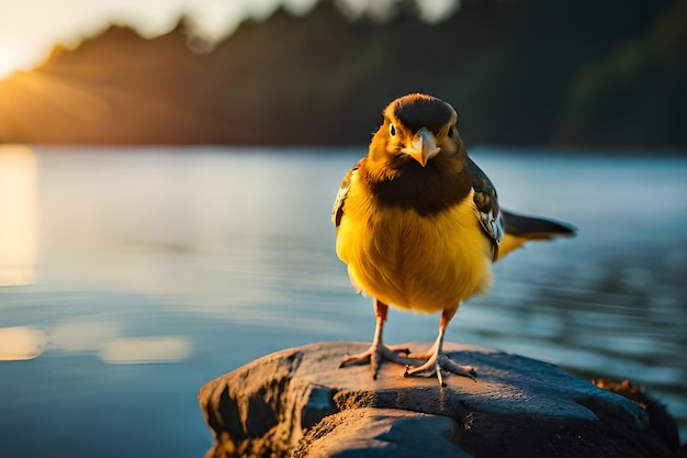 Un pájaro está parado sobre una roca frente a un cuerpo de agua.