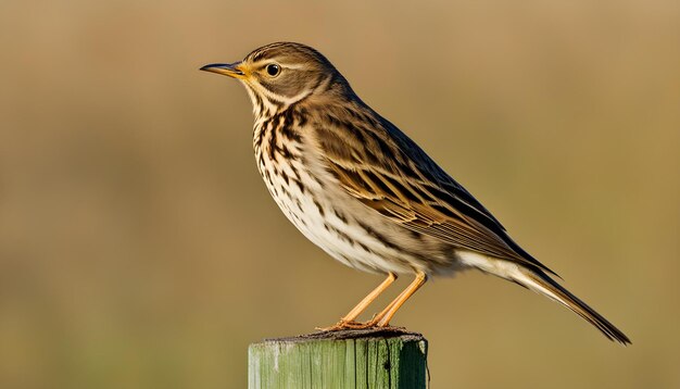 un pájaro está de pie en un poste con un cuerpo manchado de marrón y blanco