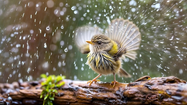 un pájaro está de pie en una rama y está lloviendo