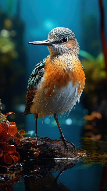 un pájaro está de pie en una rama frente a un tanque de peces