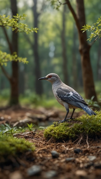 un pájaro está de pie en un tronco de musgo en el bosque