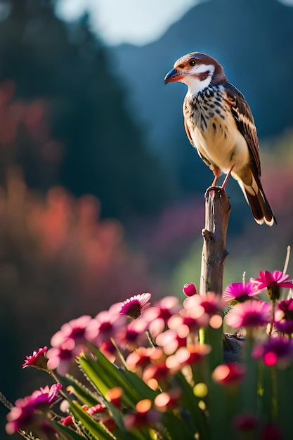 Un pájaro está posado en un palo frente a unas flores.