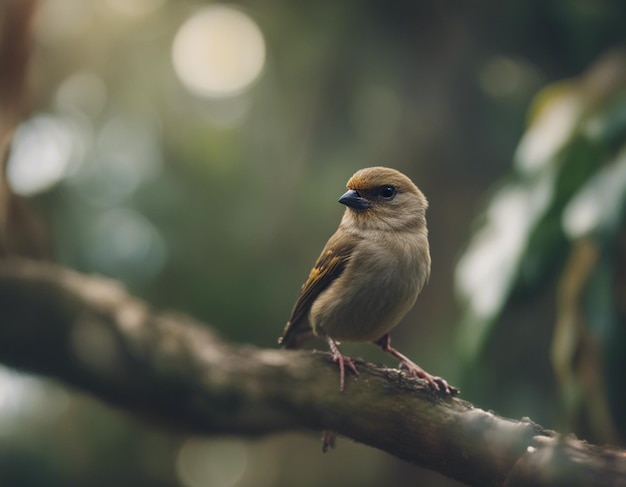 un pájaro está posado en una rama con el sol brillando a través de los árboles