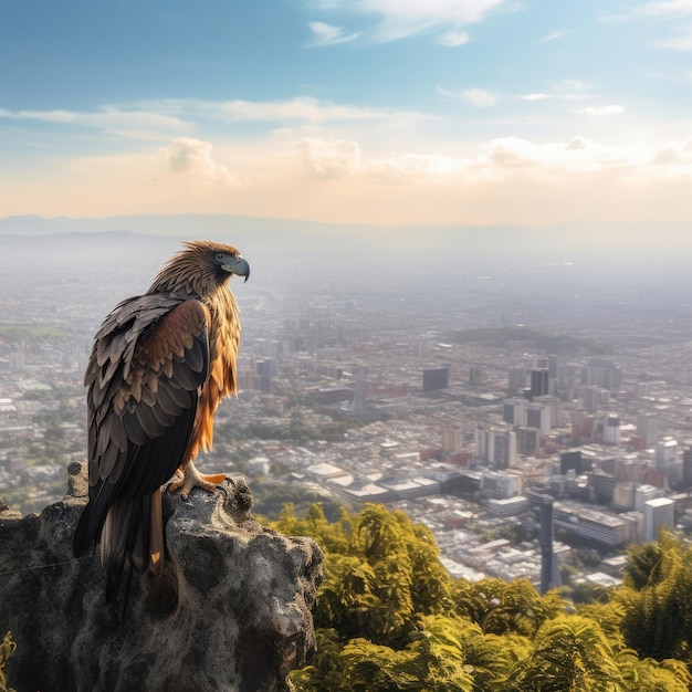 Un pájaro está posado en una roca mirando hacia una ciudad.