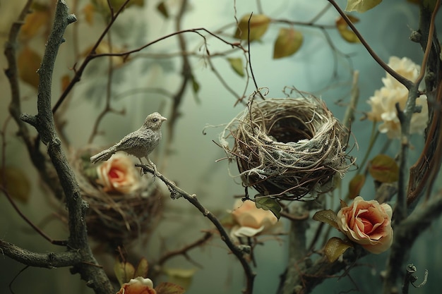 Un pájaro está sentado en un nido con el pájaro bebé
