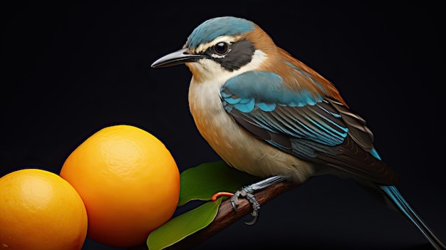 un pájaro está sentado en una rama al lado de una naranja