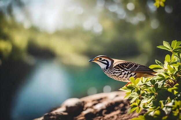 Un pájaro está sentado en una rama junto a un río.