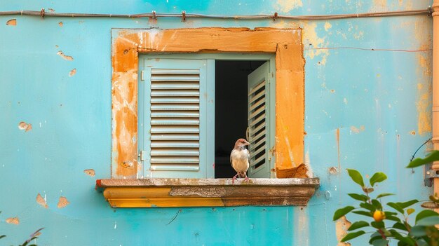 Un pájaro está sentado en una ventana de un edificio