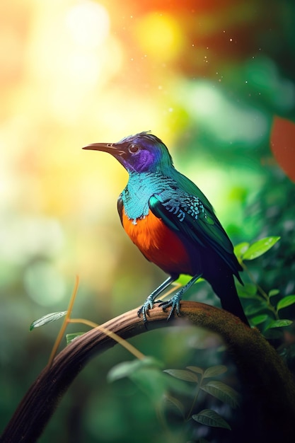 Pájaro exótico en el bosque tropical animal brillante en la jungla primer plano generativo AI