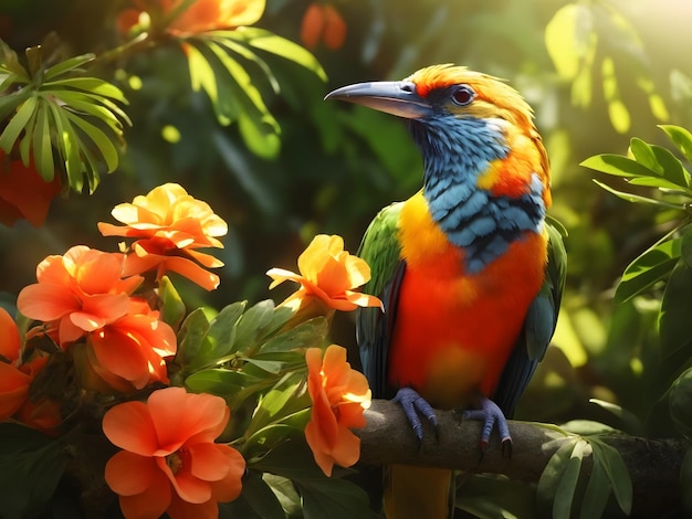 Foto pájaro exótico brillante en un jardín tropical